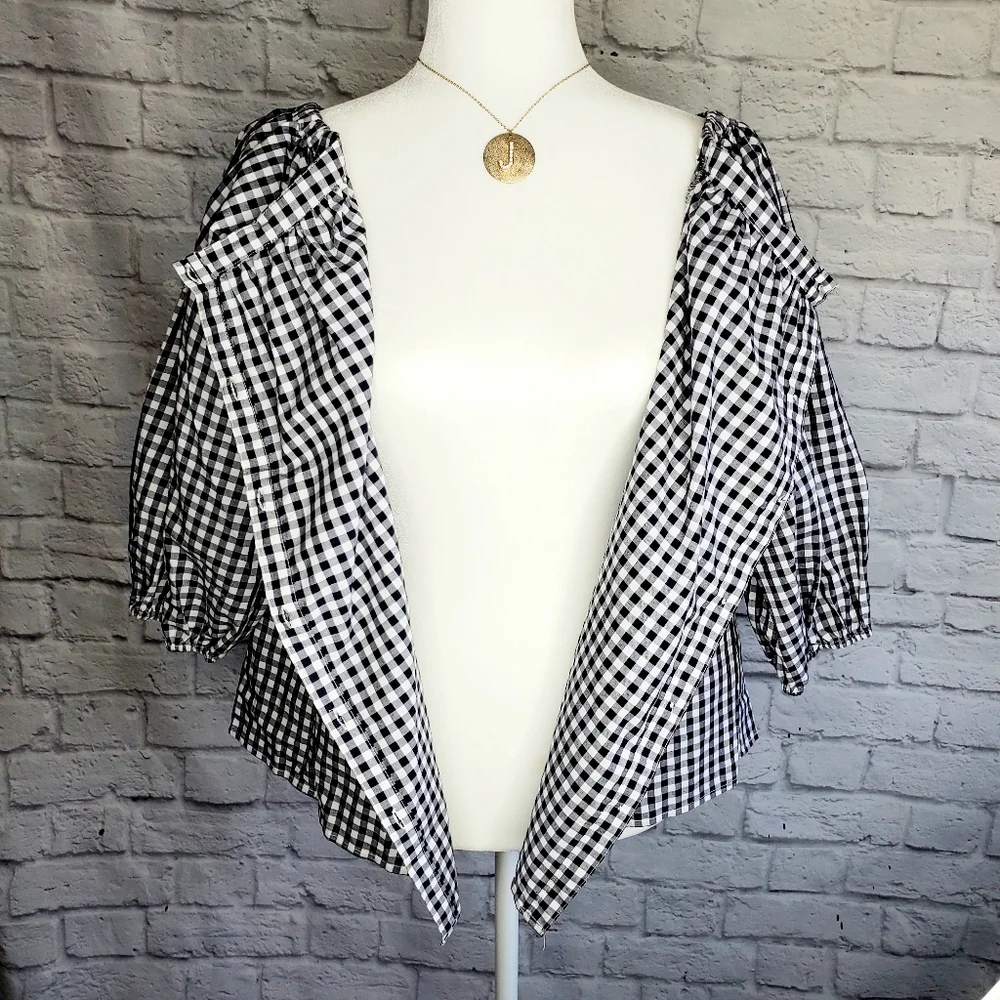 Black White Checkered Peasant Top 3/4 Sleeves | Gingham | Medium - Picture 2 of 13